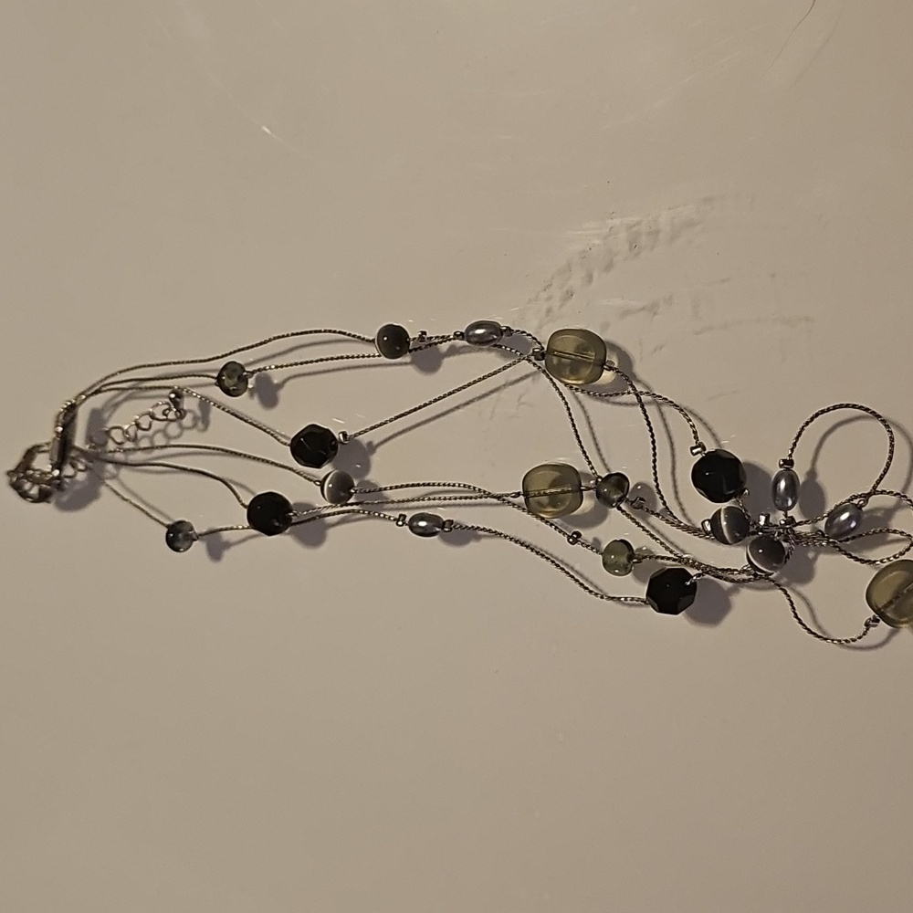 Elegant Multi-Strand Silver Tone Necklace with Black and Gray Beads